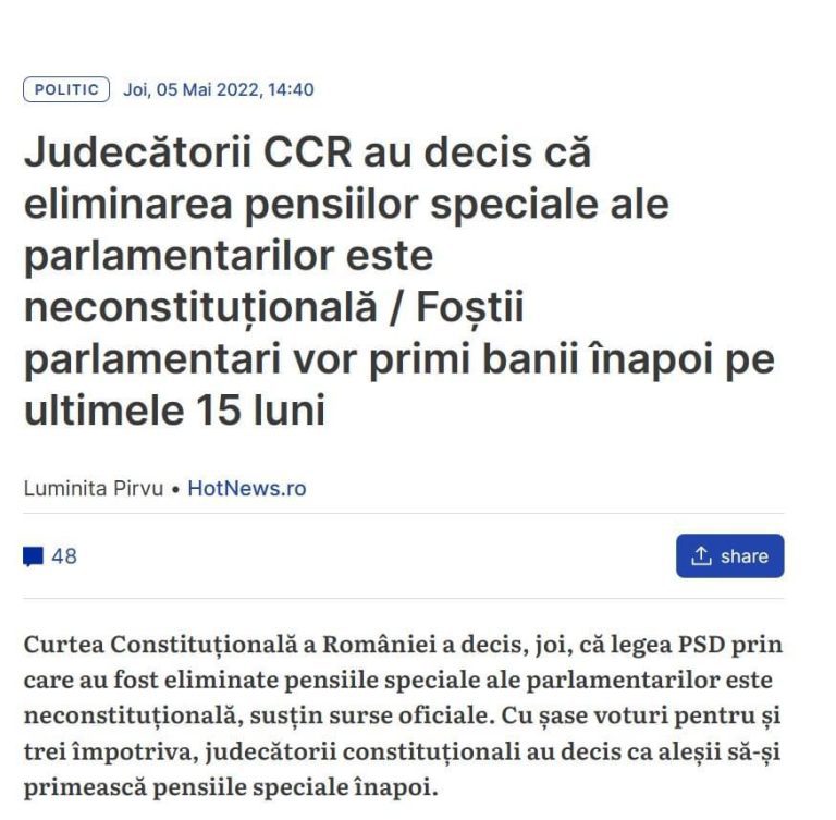 Dan Motreanu:Parlamentarii beneficiază astăzi de pensii speciale din cauza unei legi care a intrat în vigoare în 2015, printre semnatari aflându-se Marcel Ciolacu