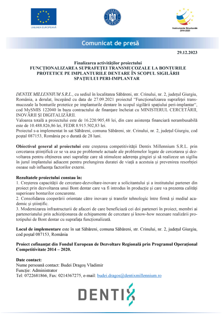 Comunicat de presă: Finalizarea activităților proiectului