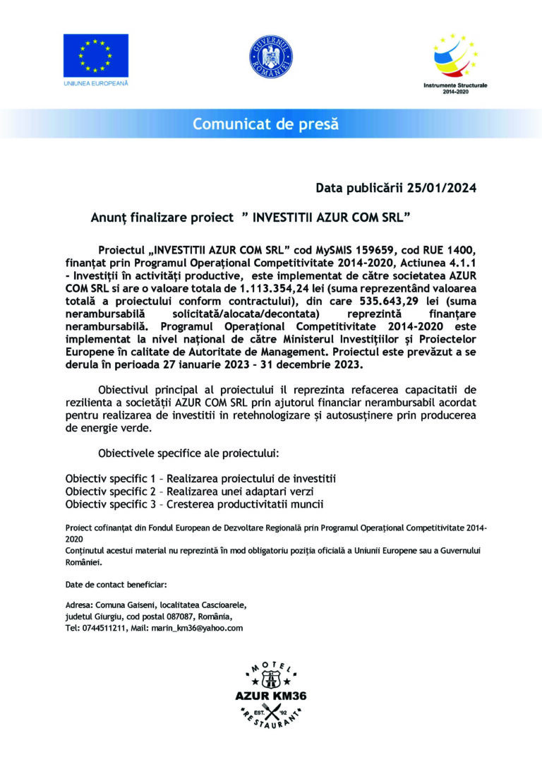Anunț finalizare proiect