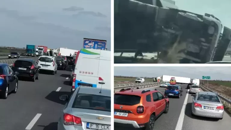 Un TIR s-a răsturnat astăzi la prânz pe autostrada București- Pitești blocând pentru mai multe ore accesul autovehiculelor