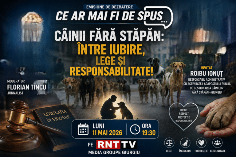 „Câinii fără stăpân: între iubire, lege și responsabilitate!” la emisiunea „Ce-ar mai fi de spus”, de  luni – 11 mai, ora 19.30 la RNT TV Media Groupe