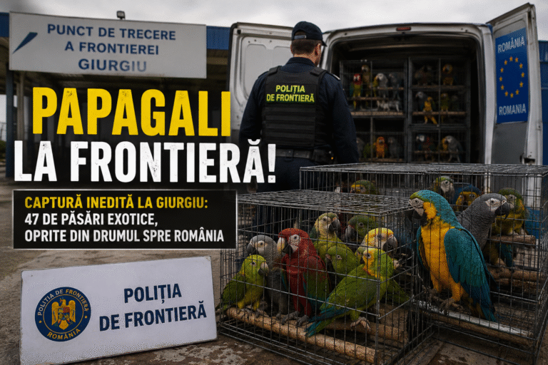 „Papagali la frontieră!” – Captură inedită la Giurgiu: 47 de păsări exotice, oprite din drumul spre România (VIDEO)