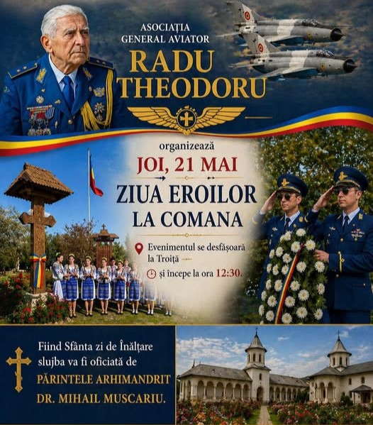La Mănăstirea Comana, omagiu solemn pentru eroii neamului: ceremonie emoționantă organizată de Asociația „General Aviator Radu Theodoru”
