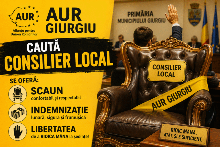 „AUR Giurgiu caută consilier local. Se oferă scaun, indemnizație și libertatea de a ridica mâna la ședințe!”