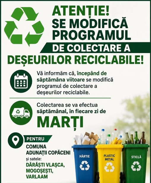 De săptămâna viitoare, localitatea Adunații Copăceni modifică programul de Colectare a Deșeurilor Reciclabile.Primarul Daniel Rusu explică de ce sunt necesare modificările