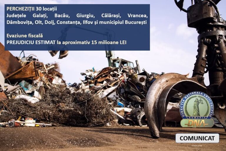 Percheziții în Giurgiu, la domiciliile unor persoane și sedii comerciale, într-un caz de evaziune fiscală privind colectarea și reciclarea deșeurilor metalice