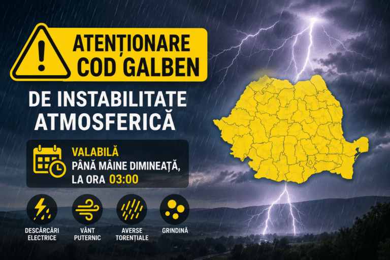 Atenționare tip cod galben de instabilitate atmosferică, valabilă până mâine dimineață, la ora 03:00.