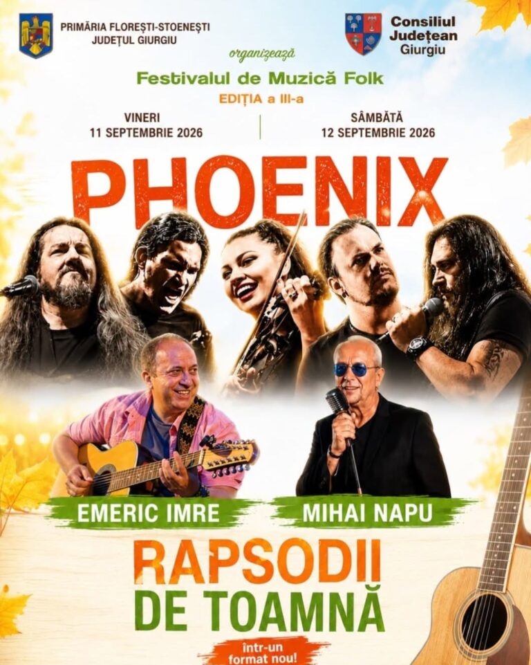 Festivalul folk „Rapsodii de Toamnă” aduce pentru două zile, la Florești Stoenești, nume legendare ale folkului românesc. Marea surpriză este prezența formației PHEONIX