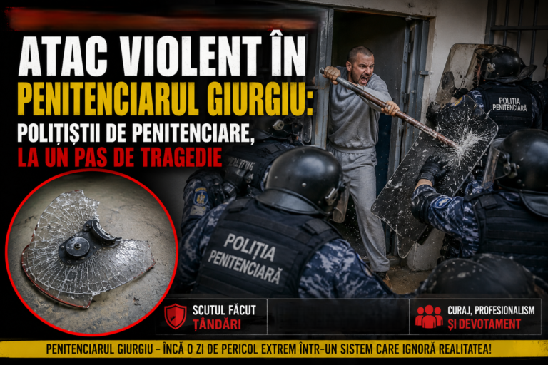„La un pas de o tragedie în Penitenciarul Giurgiu! Un deținut a făcut praf scutul polițiștilor cu o rangă de 1,5 metri!”
