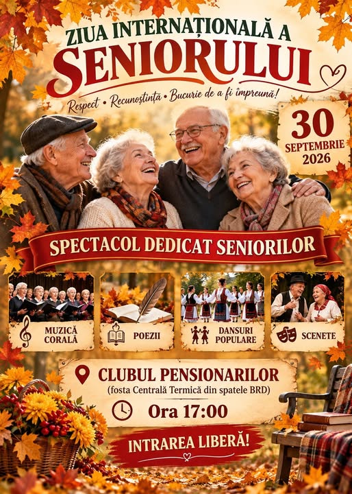 Miercuri, 30 septembrie, la Giurgiu, Clubul CAR Pensionari serbează „Ziua Seniorului” printr-un spectacol de excepție